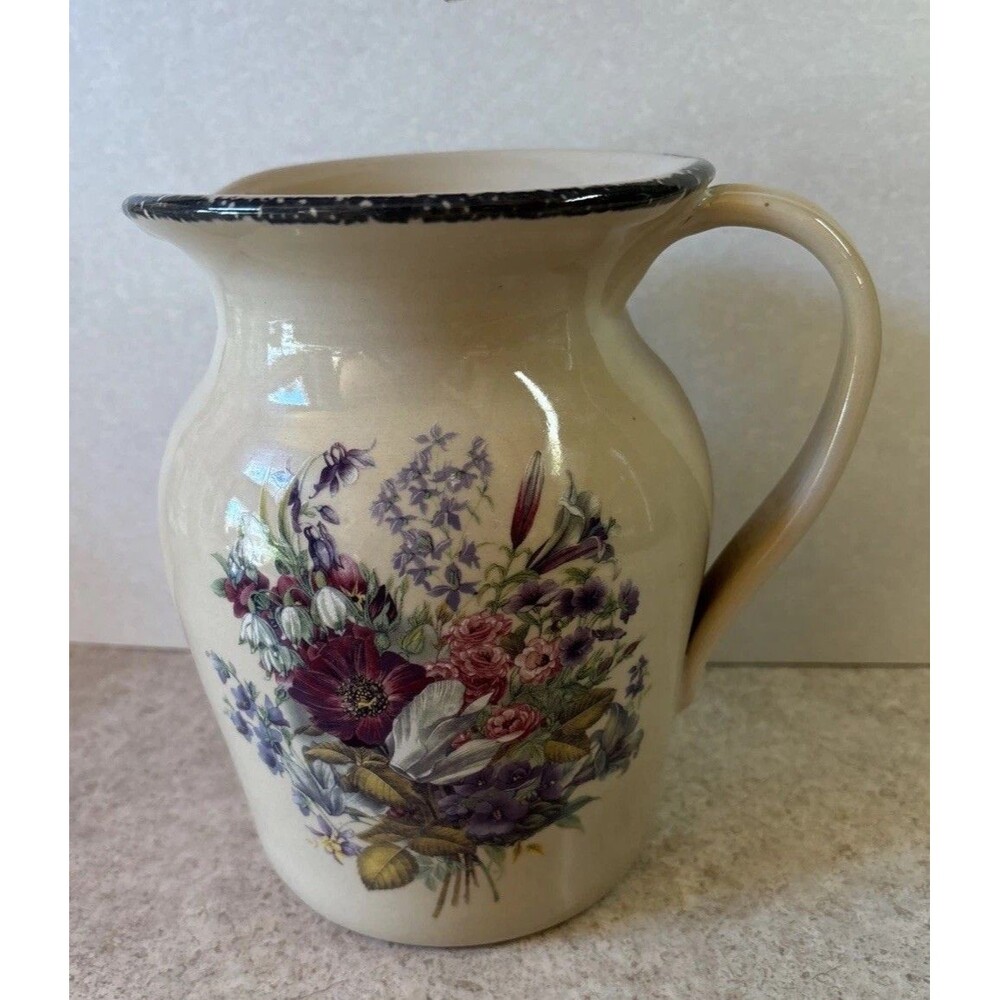 Home & Garden Party Stoneware Floral Pitcher 2003 Made in USA Vintage 7 1/2"
